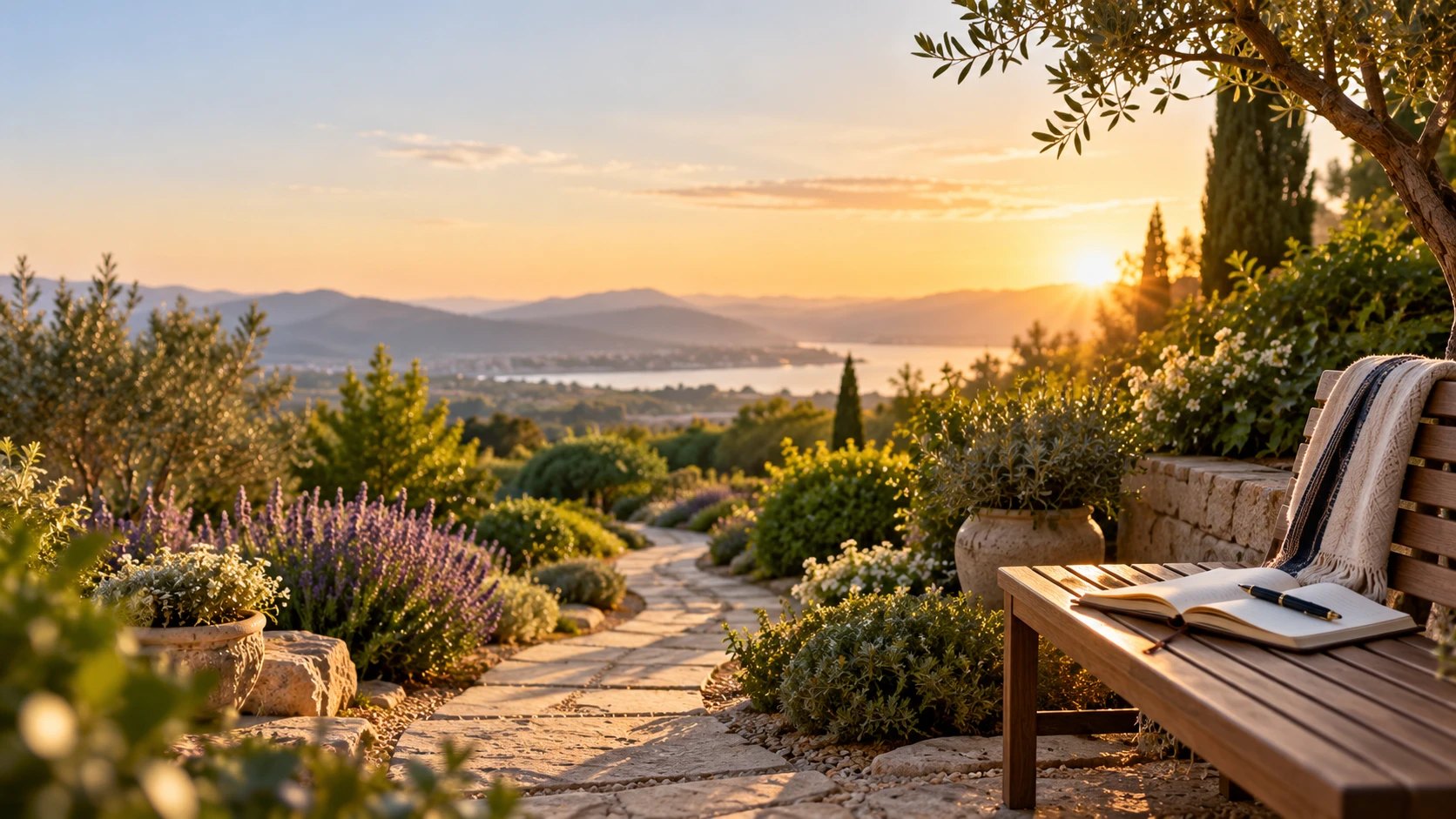 A garden path in golden evening light leading toward distant hills, with a bench holding an open notebook and pen.