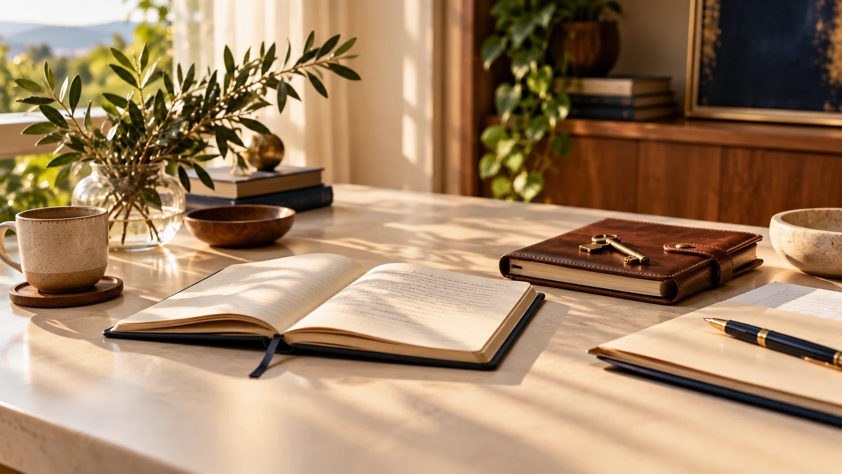A sunlit desk with an open notebook, a leather journal with a brass key on top, a cup, olive branches and a pen.
