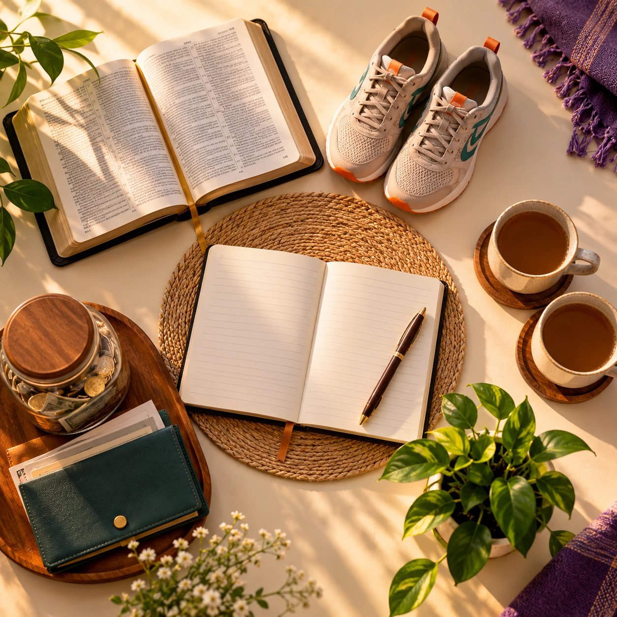 A bible, running shoes, a journal, a savings jar, a wallet, tea and a plant arranged together