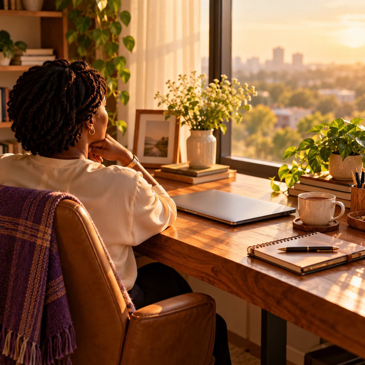 A woman seated at a desk by a window at sunset, looking out over the city