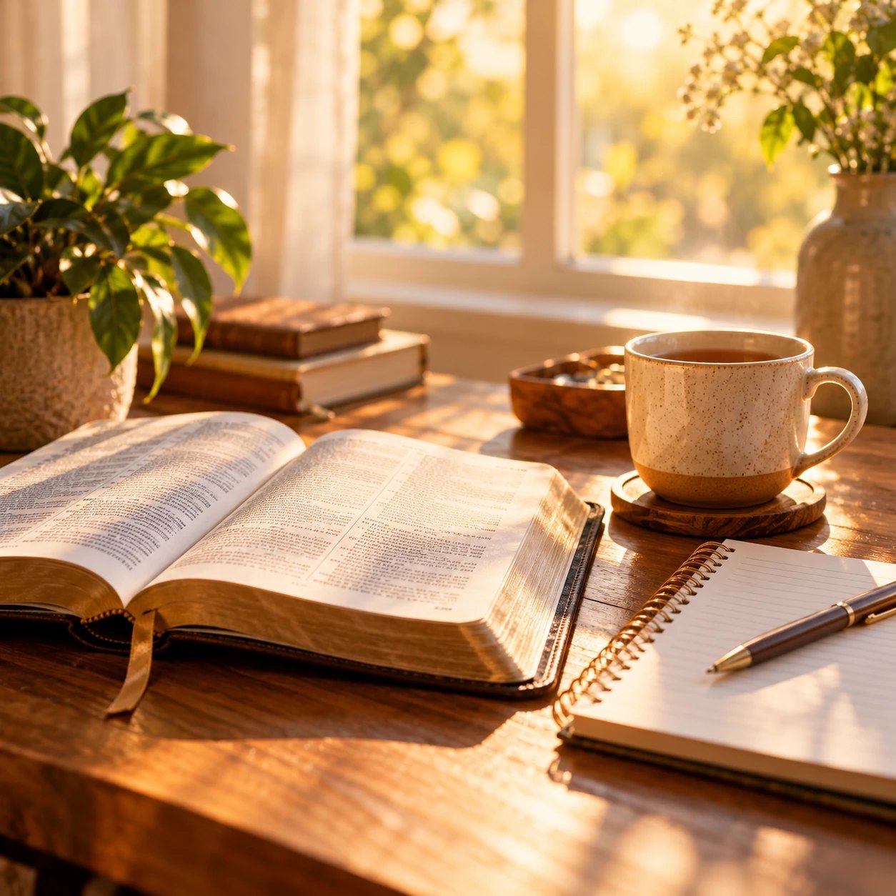 An open Bible, a cup of tea and a notebook on a wooden desk in warm morning light